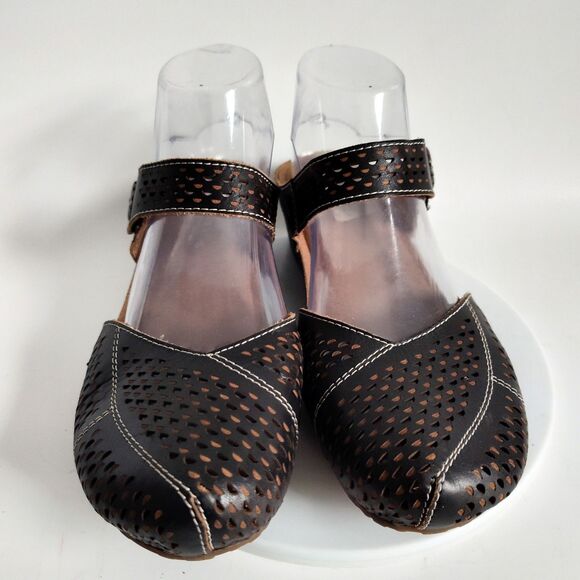 L'Artiste Clogs Mary Janes Size 8.5 / 39 Perforated Black Slip On Leather Boho - Picture 5 of 11